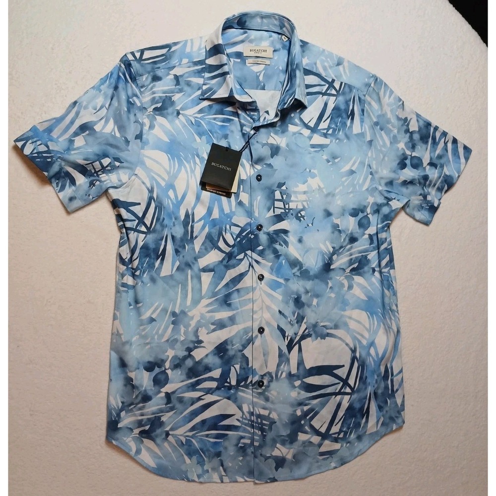 BUGATCHI Orson Floral Short Sleeve Shirt Indigo Blue Men's Size M NWT $199